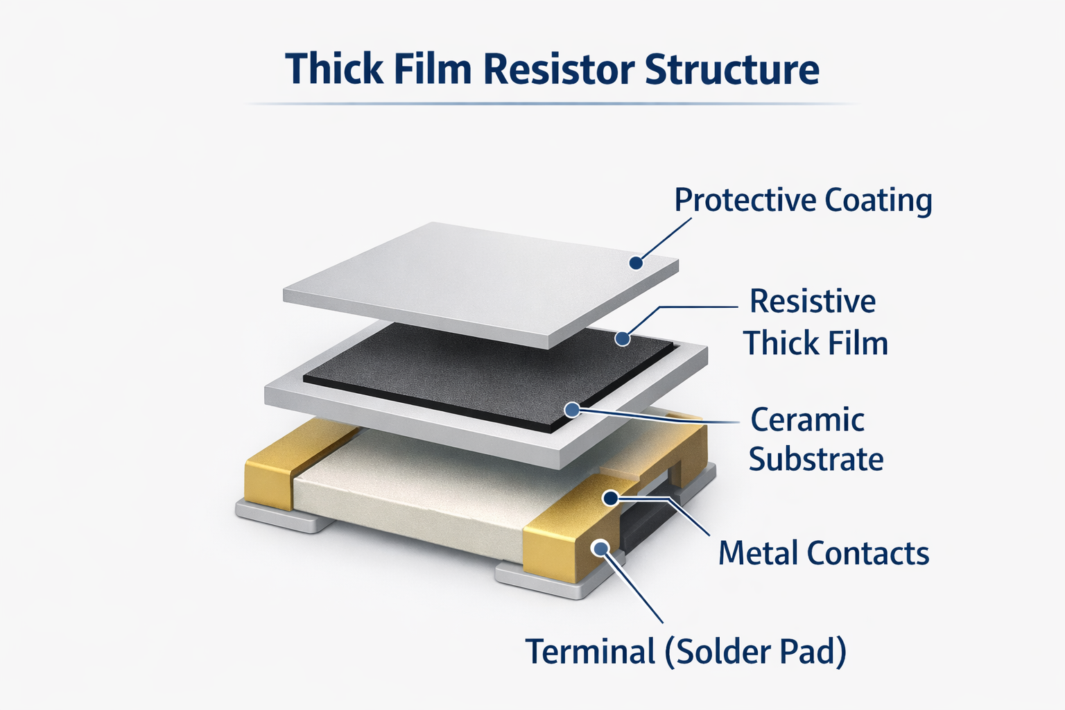 Thick Film Resistor Structure consisting of protective coating, resistive thick film, ceramic substrate, metal contacts, terminal (solder pad)